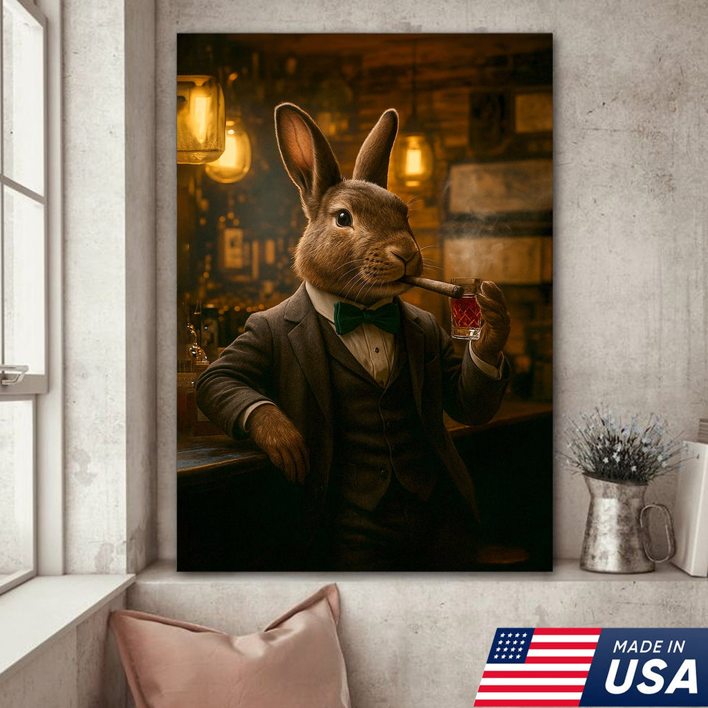 Rabbit Gentleman Wall Art – Classy Drinking & Smoking Canvas for Bar, Lodge & Man Cave Decor