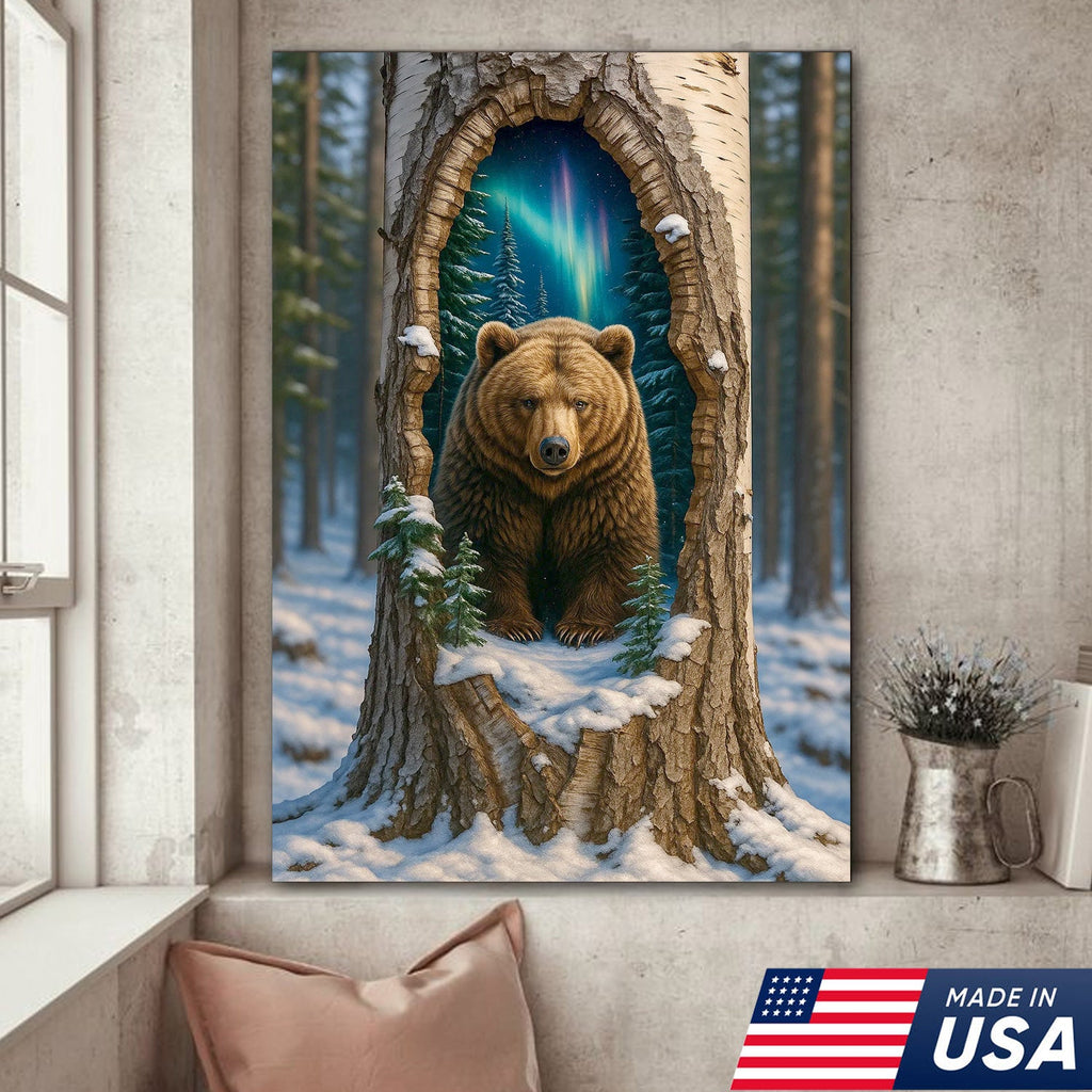 Aurora Borealis Bear in Hollow Tree Canvas Wall Art, Winter Forest Cabin Decor