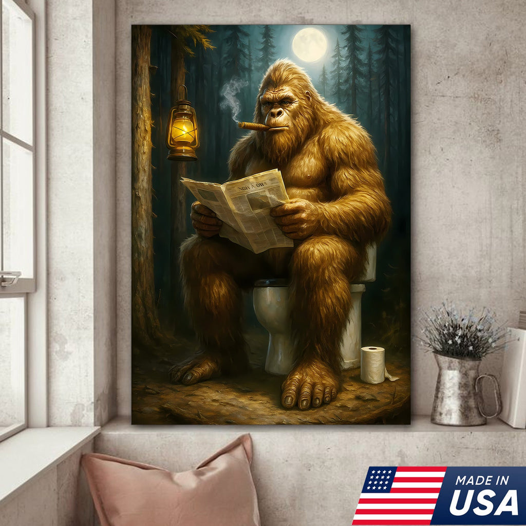 Funny Bigfoot Bathroom Canvas Wall Art, Sasquatch Reading Newspaper Picture