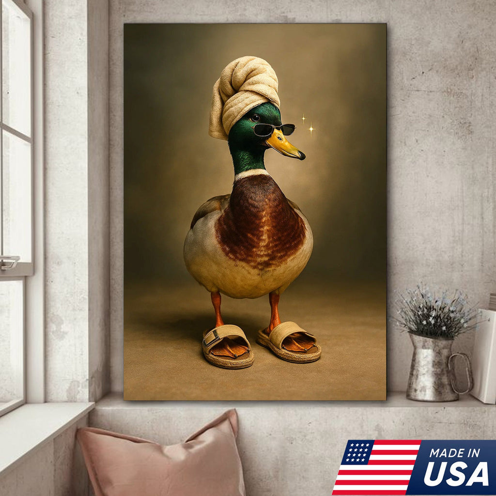 Spa Day Duck Canvas Wall Art, Funny Mallard in Towel and Sandals Bathroom Decor