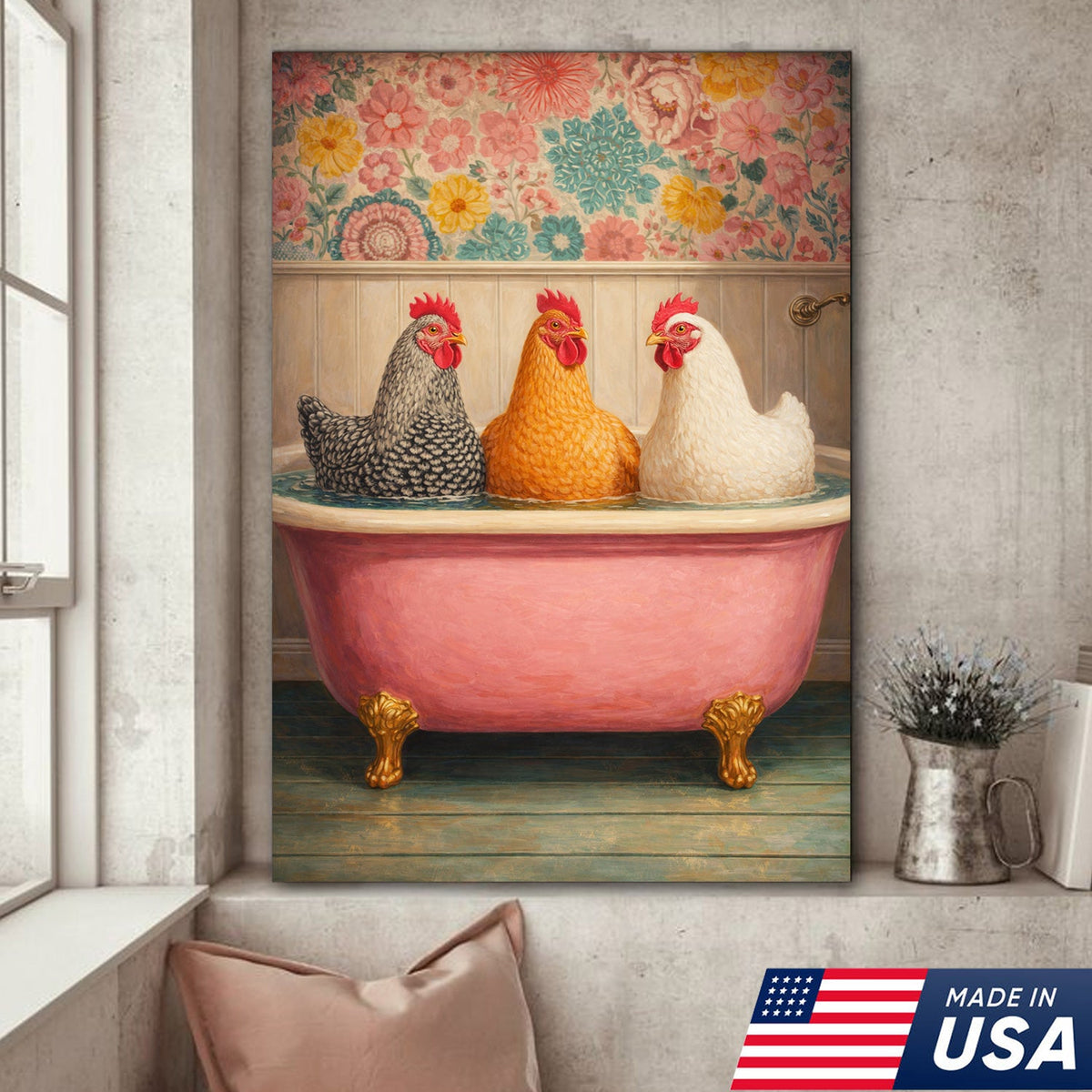 Funny Chicken Bathroom Canvas Wall Art – Chickens In Bathtub Painting