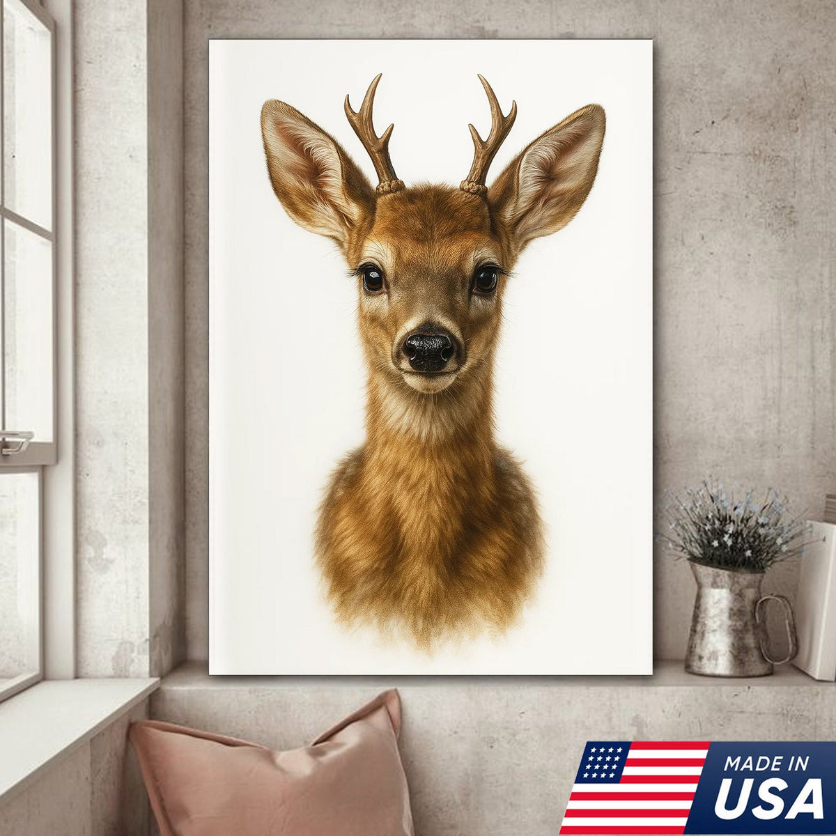 Minimalist Deer Canvas Wall Art, Realistic Baby Buck Portrait, Modern Wildlife Animal Print