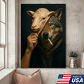Dark Humor Wolf Wall Art — “Wolf in Sheep’s Clothing” Smoking Cigarette Concept Canvas