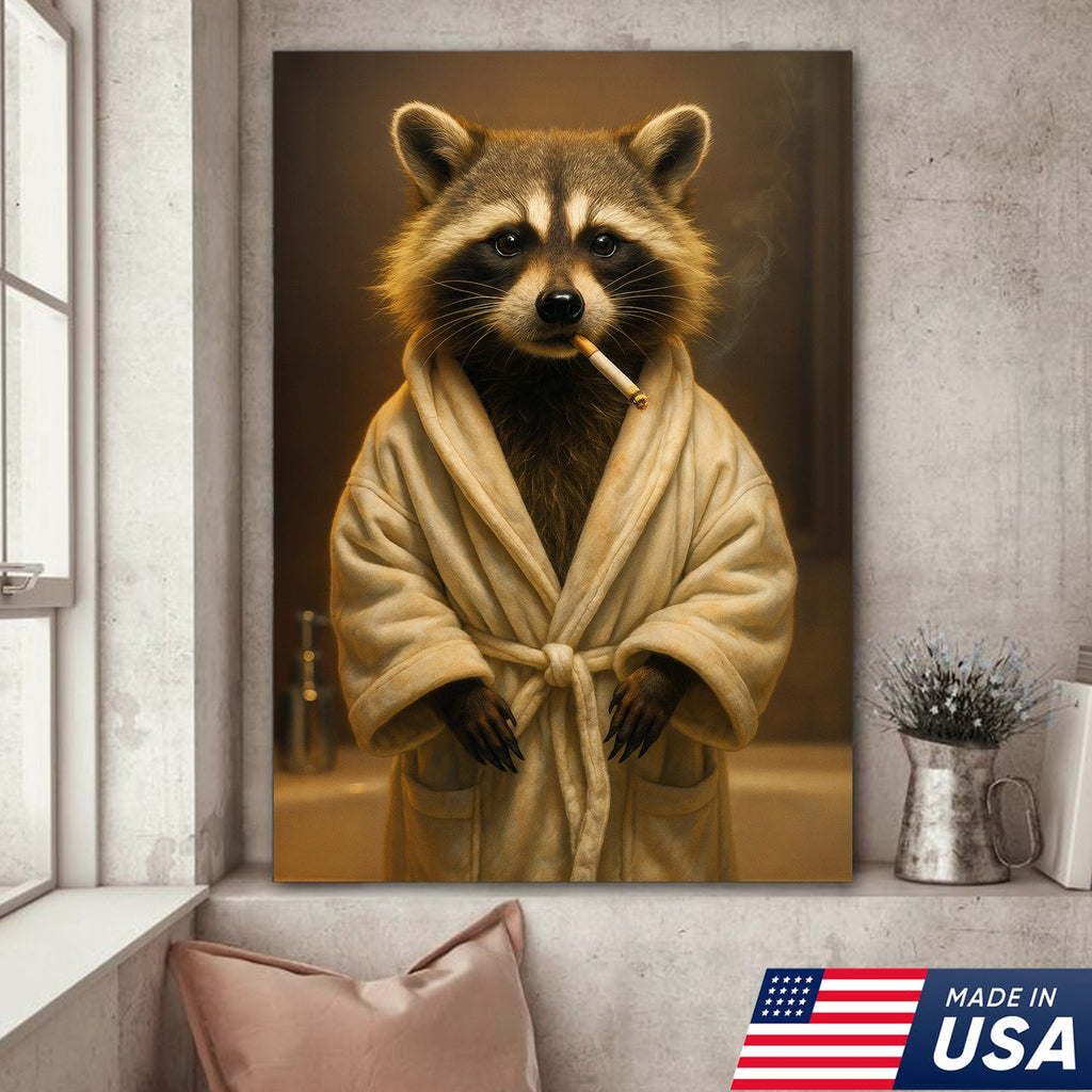 Hilarious Raccoon Bathrobe Canvas – Cozy Bathroom Humor Wall Art, Man Cave Decor