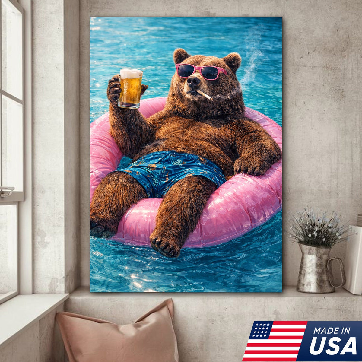 Funny Bear Pool Canvas Wall Art – Cool Bear Drinking Beer Funny Animal Decor