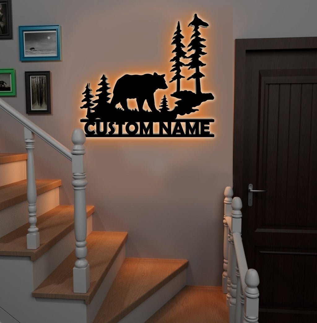 Personalized Bear Metal Sign WITH LED/WITHOUT LED - Rustic Cabin Name Sign