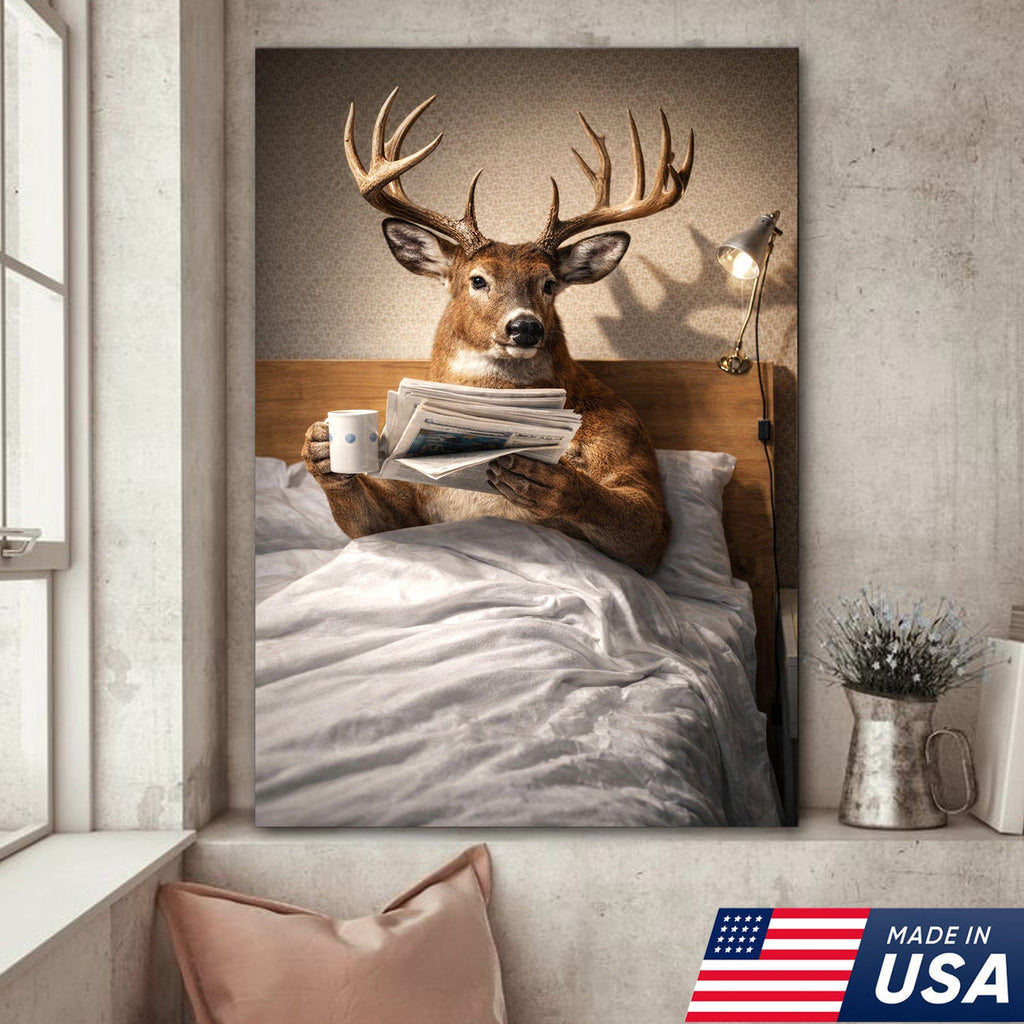 Funny Deer Canvas Wall Art Morning Coffee Newspaper Animal Humor Decor