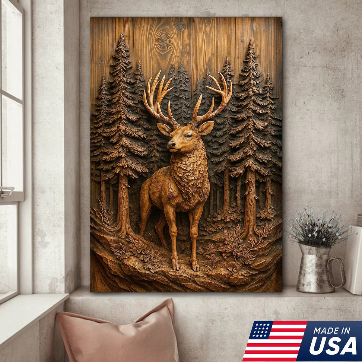 Deer in Pine Forest Canvas Wall Art, Rustic Wood Carved Look Buck Artwork