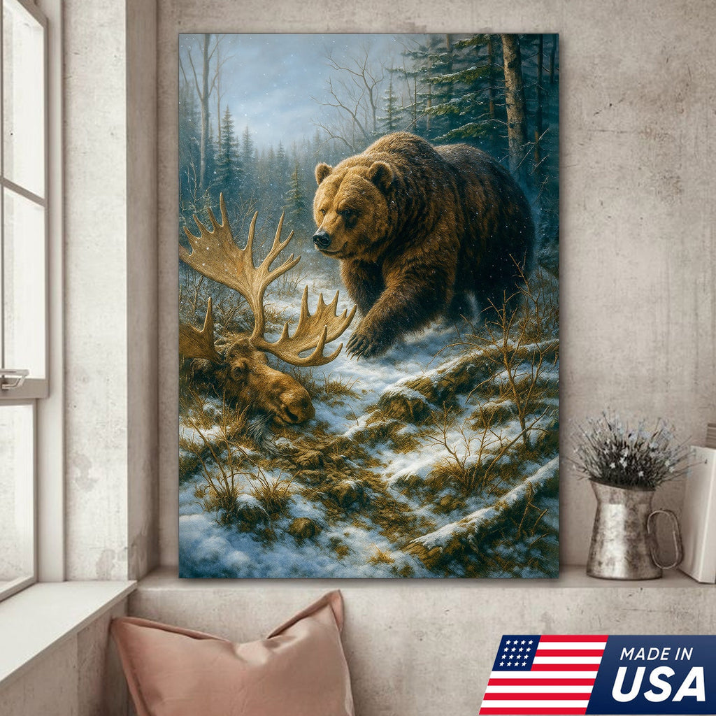 Grizzly Bear and Moose Wilderness Wall Art – Rustic Hunting Canvas for Cabin & Lodge Decor