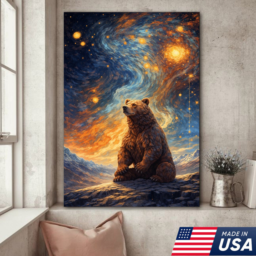 Cosmic Bear Under Starry Sky Canvas – Dreamy Galaxy Wildlife Wall Art