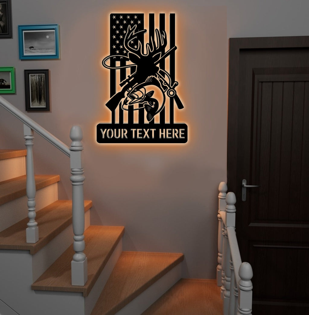 Personalized Deer and Fish American Flag Metal Sign WITH LED/WITHOUT LED, Hunting and Fishing Wall Art