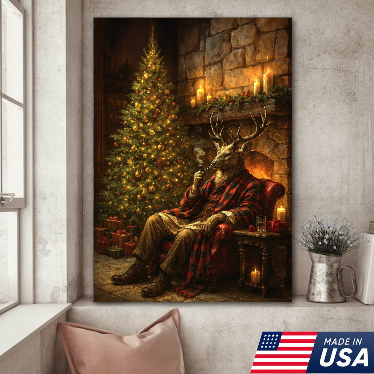 Christmas Deer Smoking Pipe Canvas - Cozy Cabin Wall Decor, Rustic Holiday Artwork