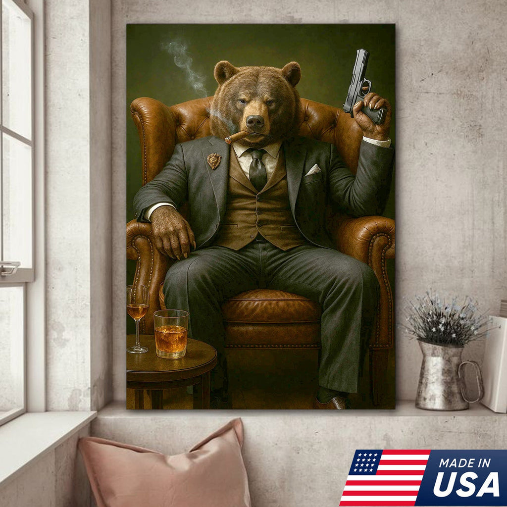 Boss Bear in Tailored Suit Canvas Wall Art, Powerful Gentleman Animal Portrait