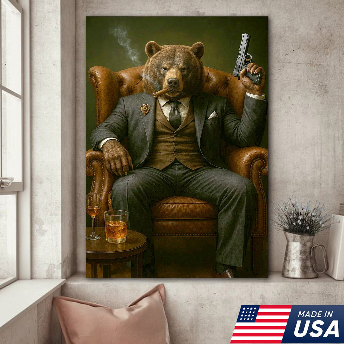 Boss Bear in Tailored Suit Canvas Wall Art, Powerful Gentleman Animal Portrait