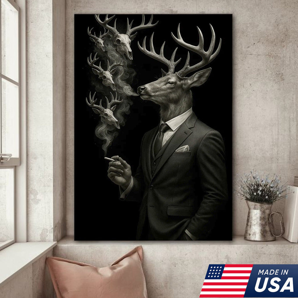 Gentleman Deer Canvas Wall Art, Elegant Buck in Suit Artwork, Rustic Cabin Decor for Hunters