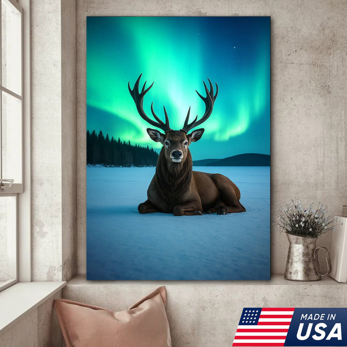 Northern Lights Deer Wall Art Canvas, Aurora Borealis Stag Landscape Print