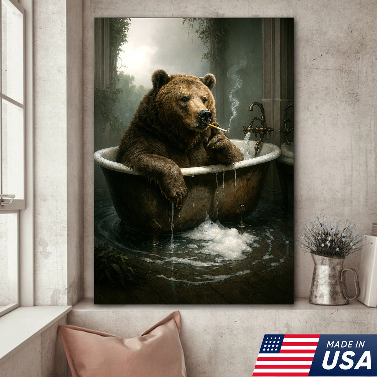 Smoking Bear in Bathtub Canvas – Surreal Rustic Wall Art for Man Cave & Lodge Decor