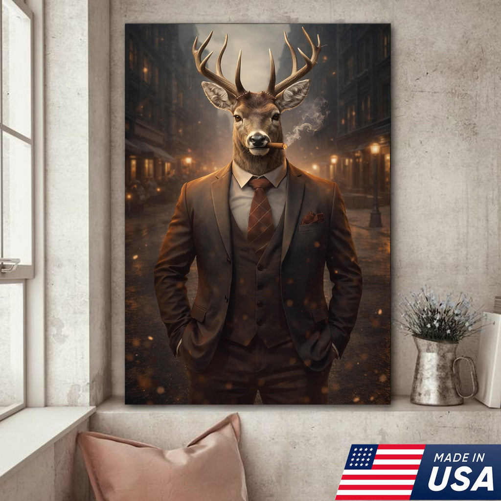 Stylish Deer Gentleman Canvas Wall Art, Anthropomorphic Animal City Night Artwork