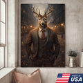 Stylish Deer Gentleman Canvas Wall Art, Anthropomorphic Animal City Night Artwork