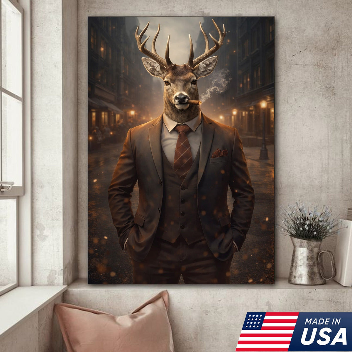 Stylish Deer Gentleman Canvas Wall Art, Anthropomorphic Animal City Night Artwork