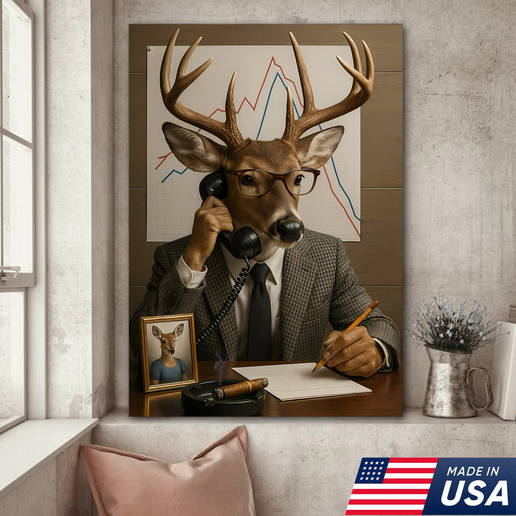 Funny Deer Businessman Canvas, Hilarious Office Buck Wall Art, Quirky Animal Decor for Workspace