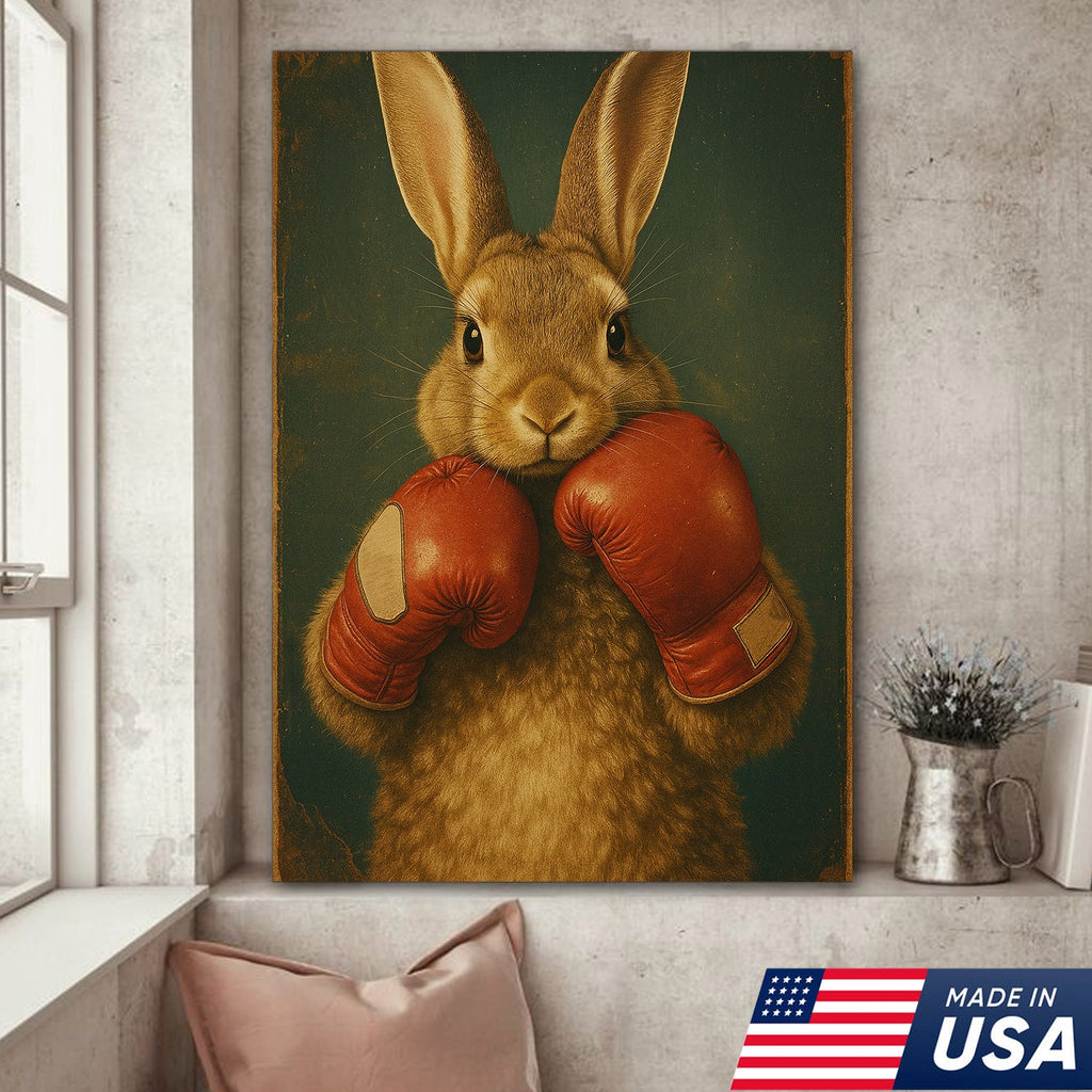 Funny Bunny Boxer Canvas – Sports Animal Wall Art for Gym, Boxing Lovers, Rustic Man Cave Decor