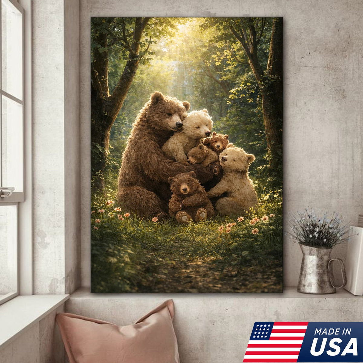 Heartwarming Bear Family Canvas Wall Art, Mother Bear with Cubs in Sunlit Forest