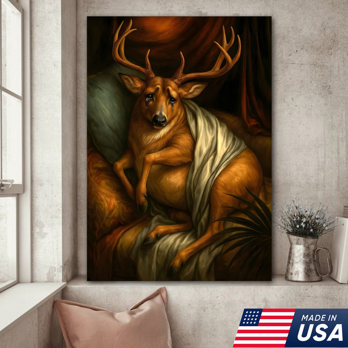 Funny Deer Portrait Canvas Wall Art, Renaissance Buck Painting with Draped Cloth