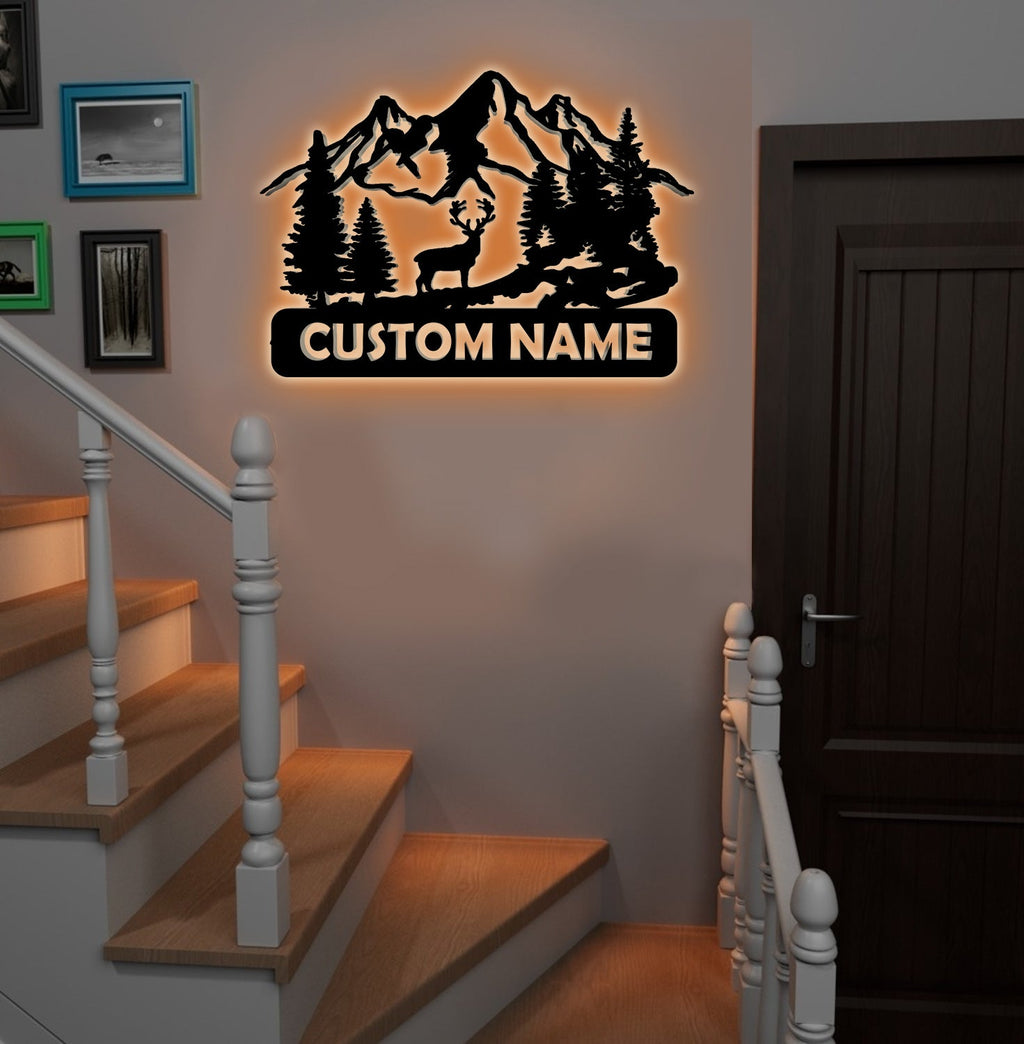 Personalized Deer Metal Sign WITH LED/WITHOUT LED - Mountain Cabin Name Sign