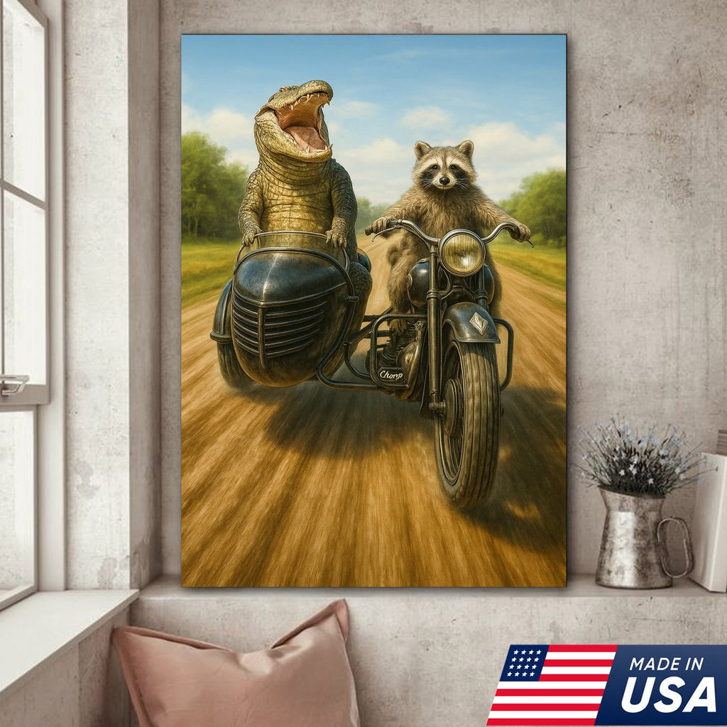 Raccoon Riding Motorcycle with Alligator Sidecar Canvas Wall Art, Funny Wildlife Road Trip Decor for Man Cave