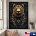 Ornate Floral Bear Canvas Wall Art, Majestic Bear Portrait with Decorative Pattern