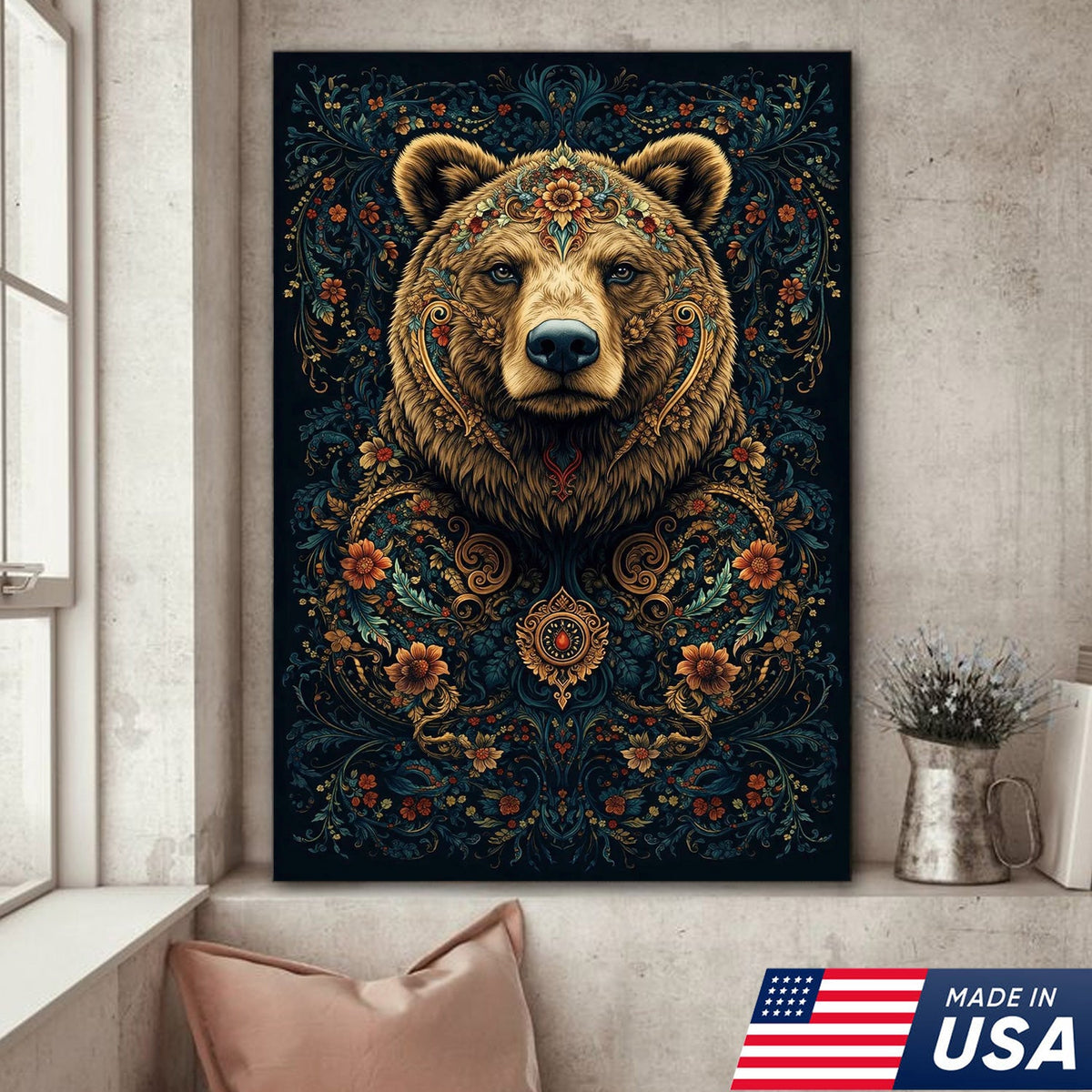 Ornate Floral Bear Canvas Wall Art, Majestic Bear Portrait with Decorative Pattern