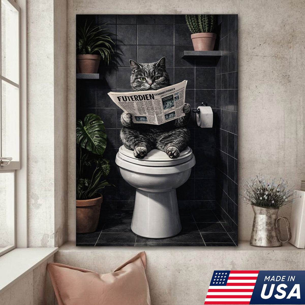 Funny Cat Bathroom Canvas – Cat On Toilet Wall Art – Meme Decor