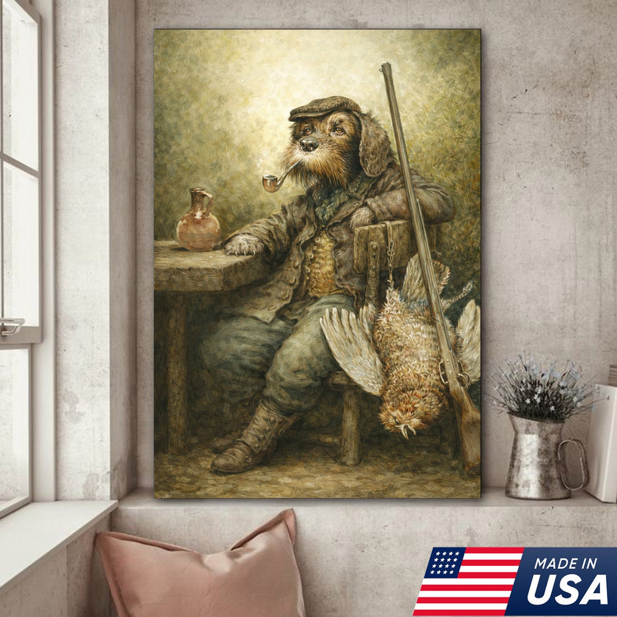 Vintage Hunting Dog Canvas Wall Art – Classic Sporting Gentleman Portrait with Shotgun