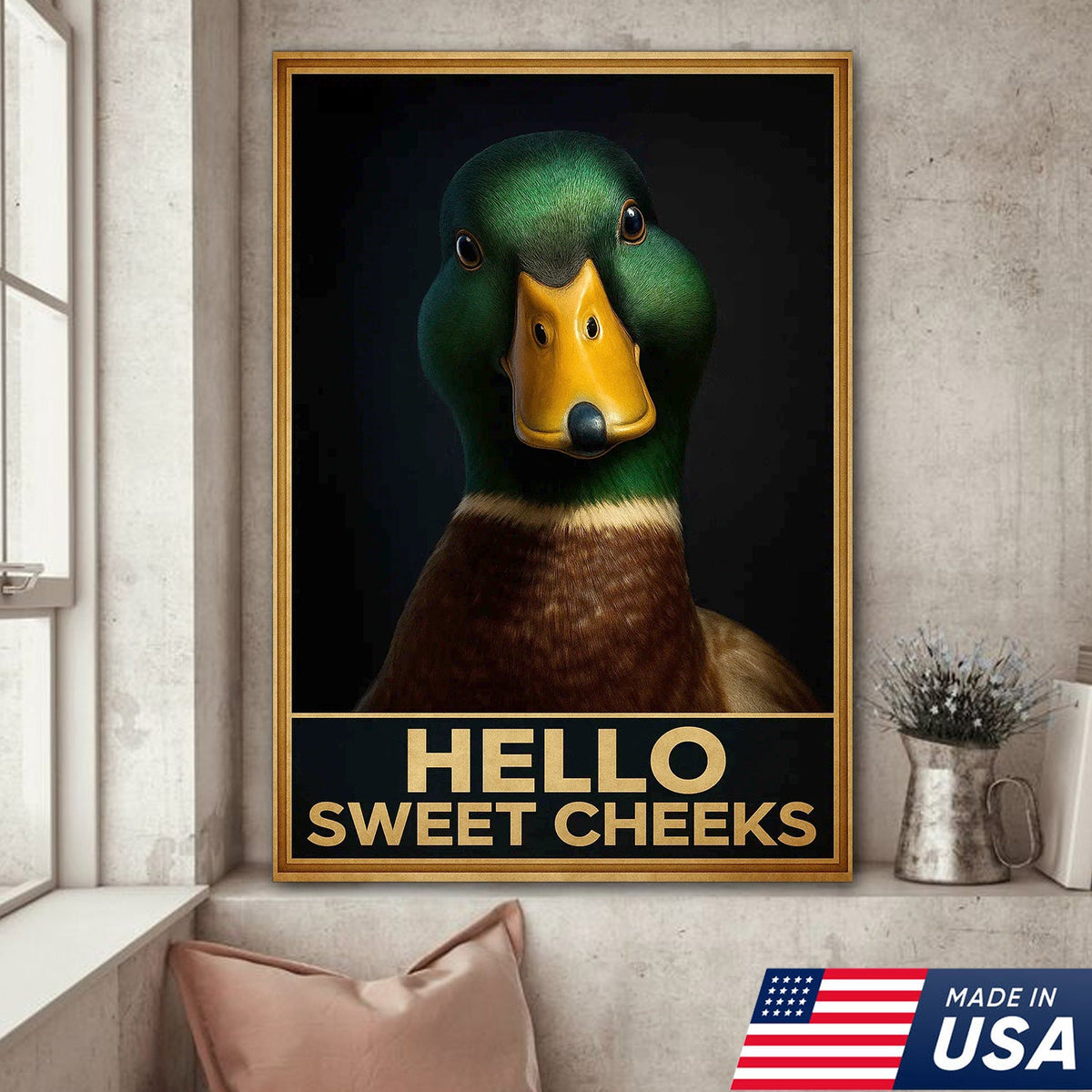 Funny Duck Hello Sweet Cheeks Canvas Wall Art, Humorous Mallard Portrait Print