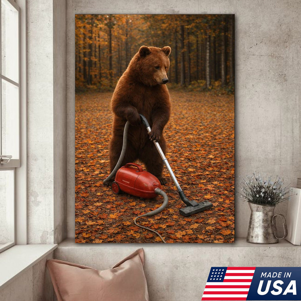Funny Bear Vacuuming Leaves Canvas Wall Art, Whimsical Autumn Animal Humor Print