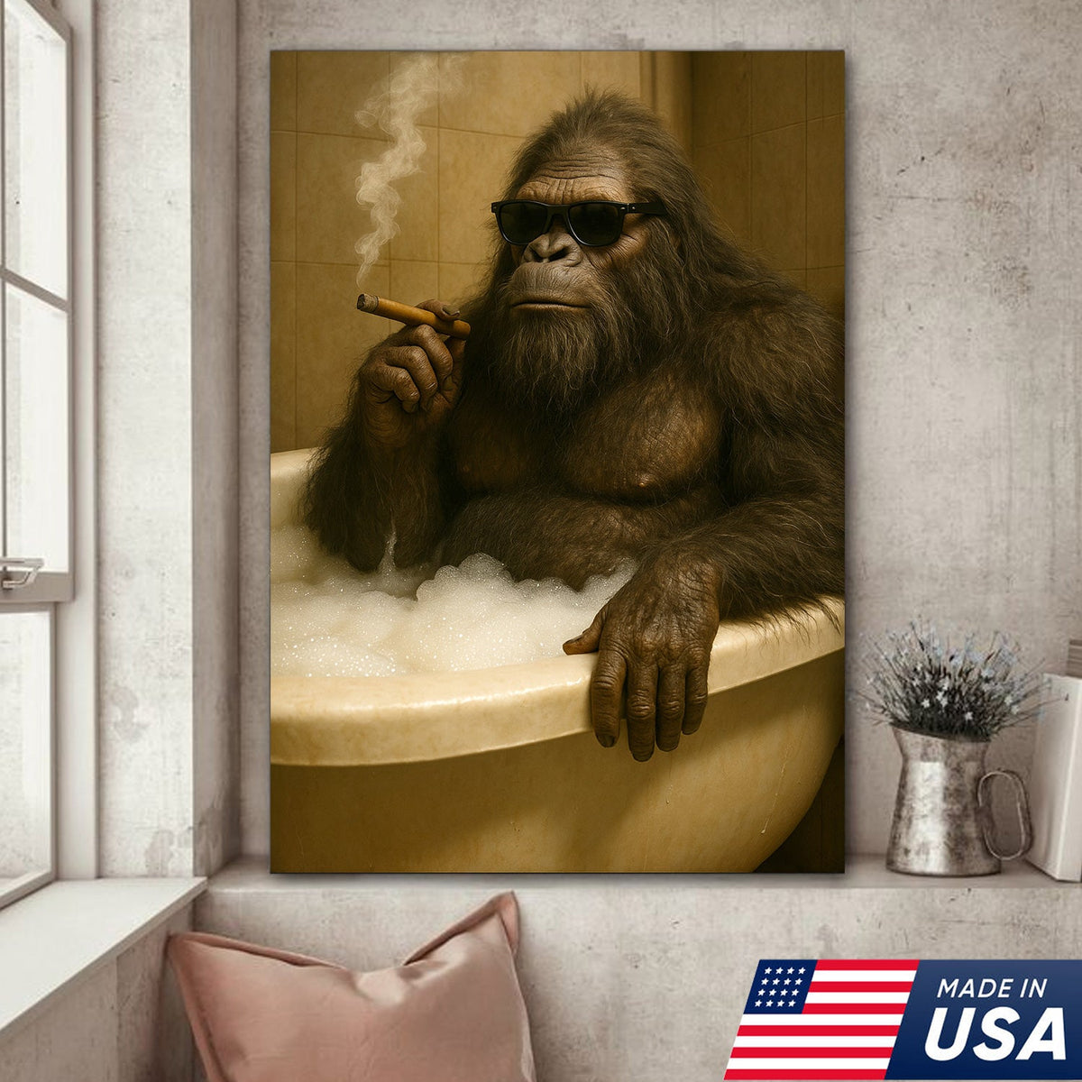 Funny Bigfoot Smoking Canvas Wall Art – Cool Bathtub Scene Gift for Hunters & Outdoorsmen