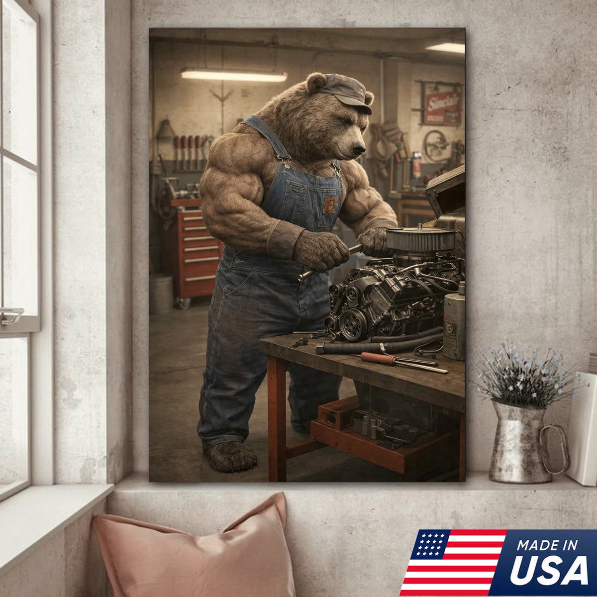 Muscular Bear Mechanic Canvas Wall Art – Realistic Animal Workshop Print