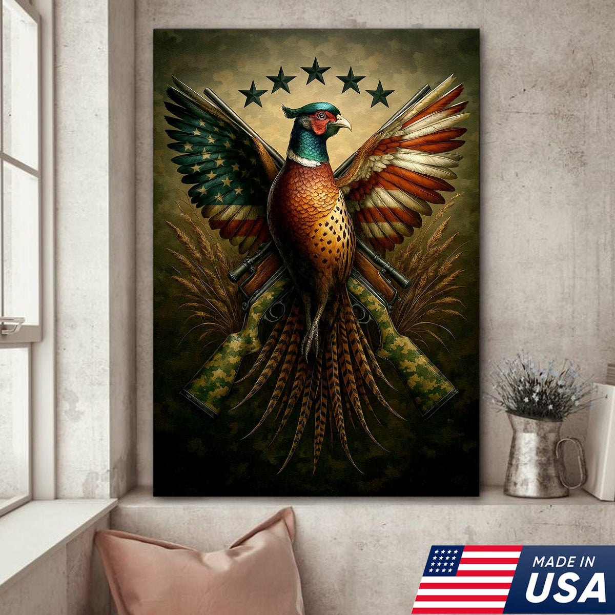 American Flag Pheasant Canvas Wall Art, Patriotic Hunting Decor for Men, Rustic Cabin Artwork