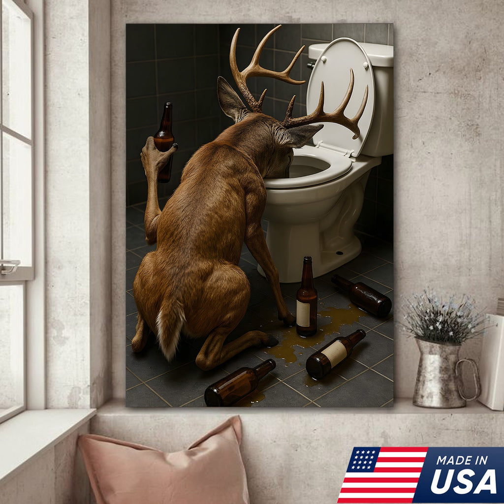 Funny Drunk Deer Canvas Wall Art, Hilarious Buck Bathroom Decor