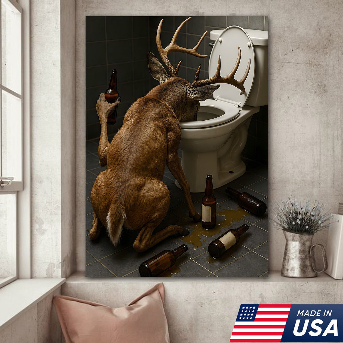 Funny Drunk Deer Canvas Wall Art, Hilarious Buck Bathroom Decor