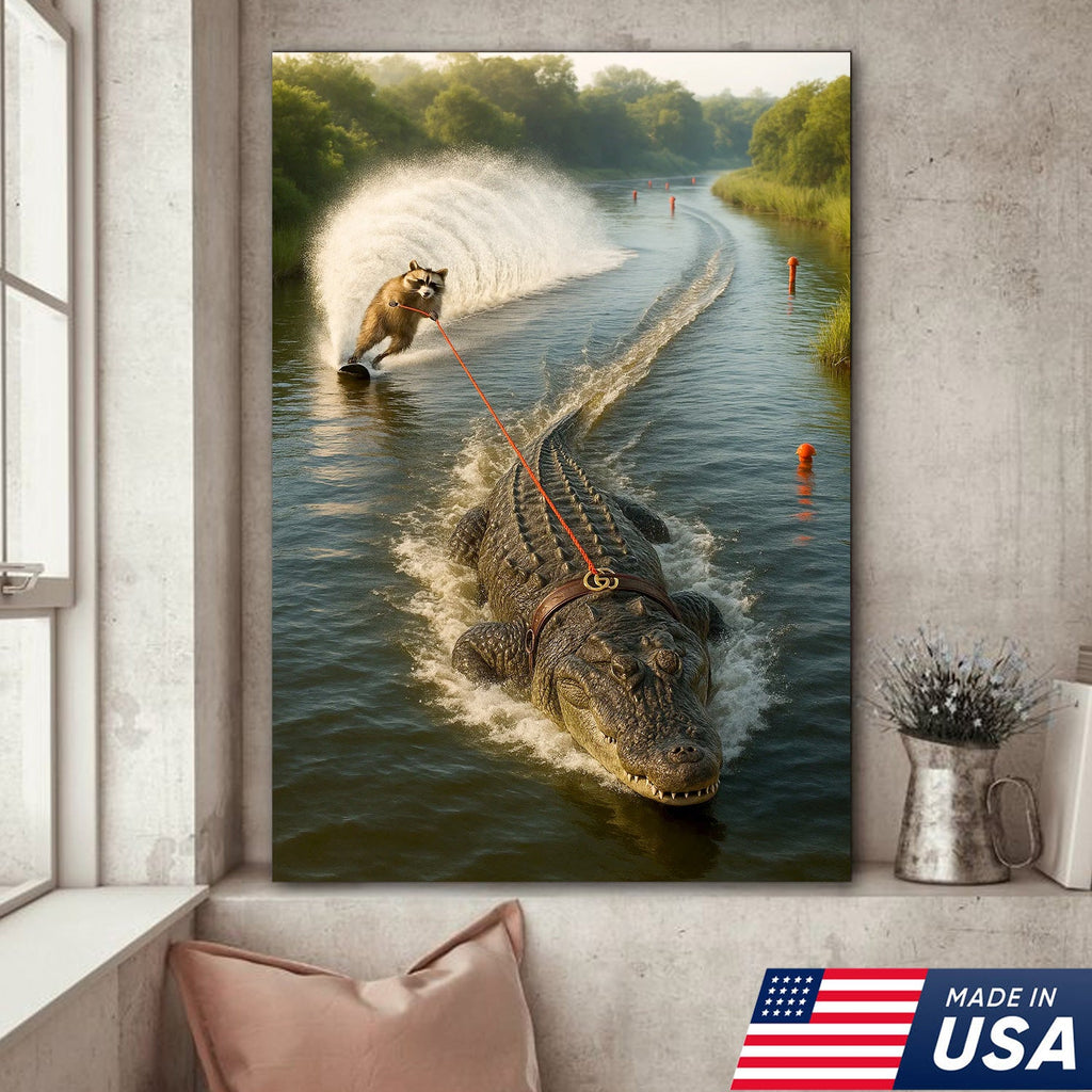 Racoon Water Skiing with Alligator Canvas Wall Art, Funny Animal Adventure Decor