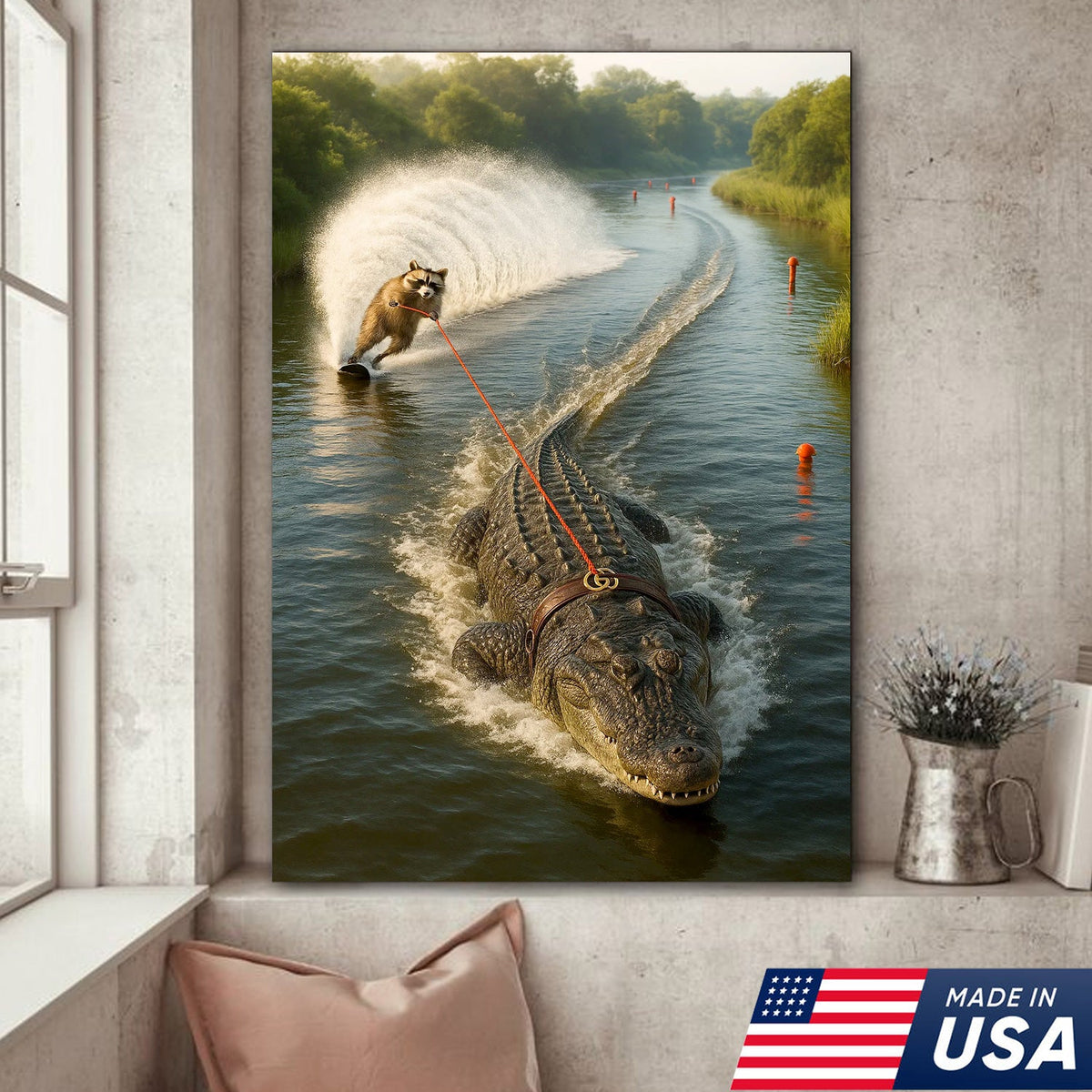 Racoon Water Skiing with Alligator Canvas Wall Art, Funny Animal Adventure Decor