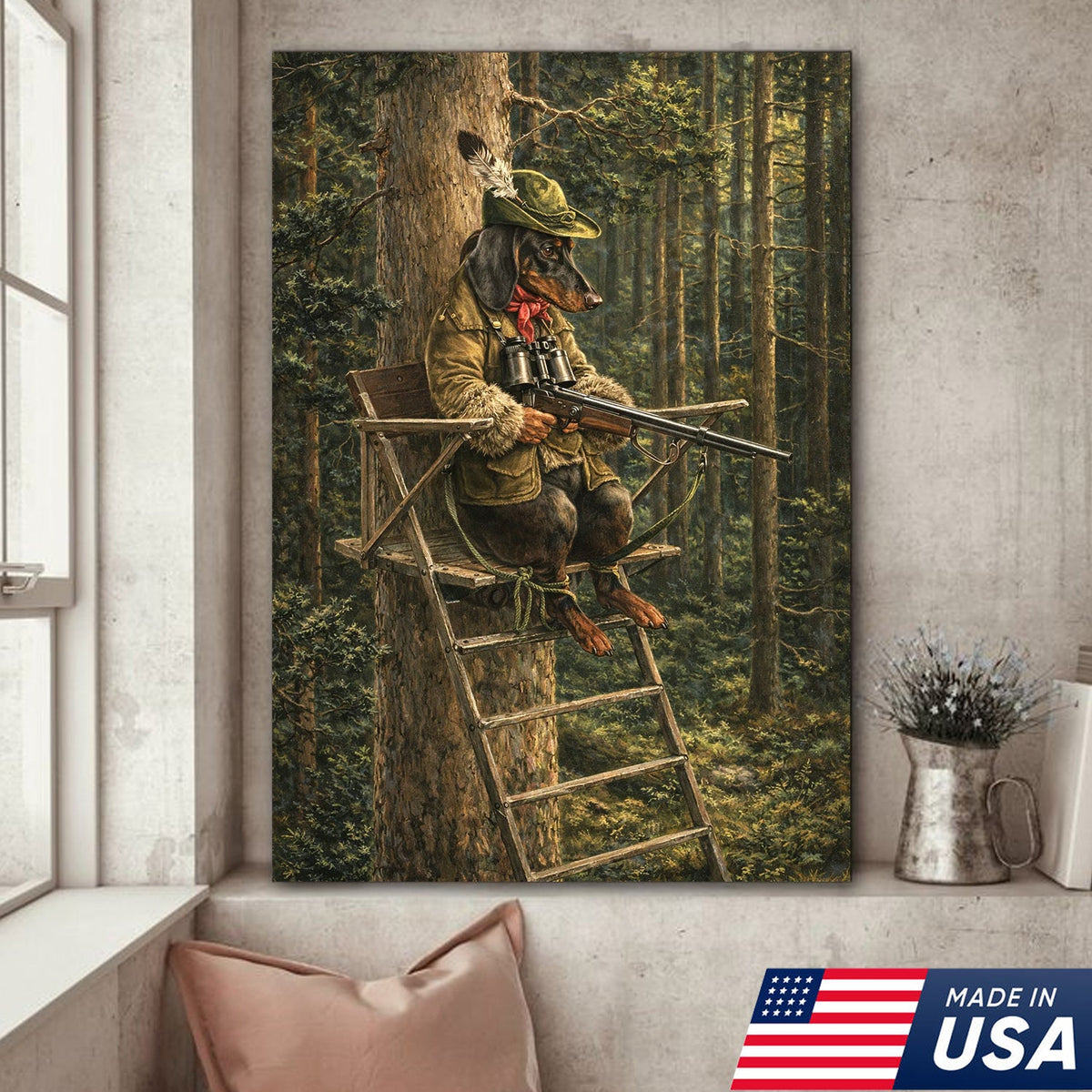 Funny Hunting Dog Wall Art, Dachshund Hunter Tree Stand Canvas