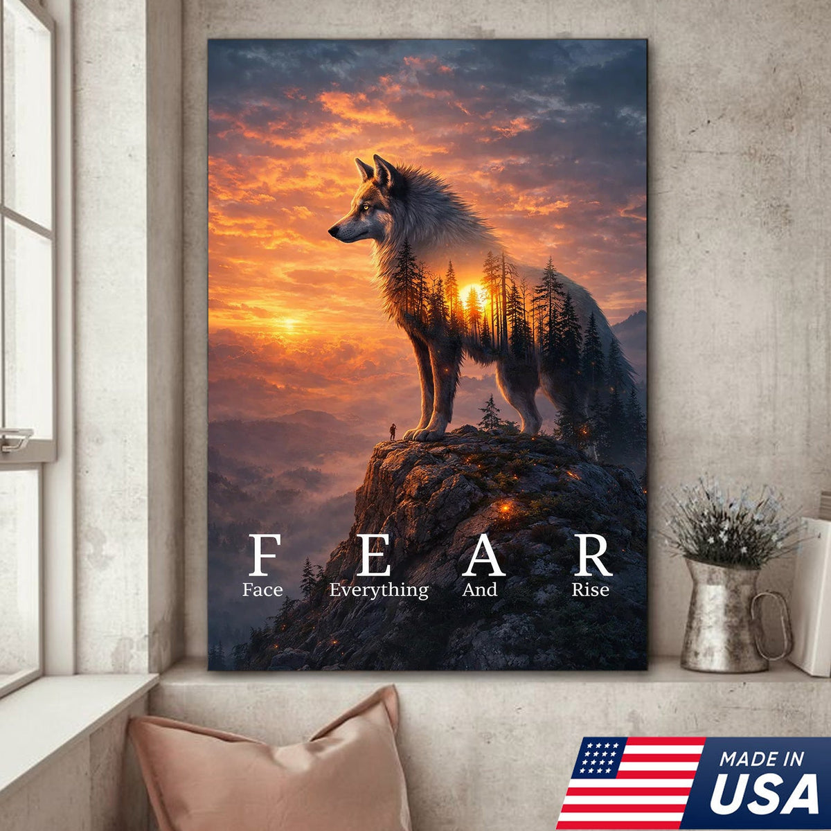 Fear Face Everything And Rise Wolf Canvas Wall Art, Inspirational Sunset Wolf Artwork