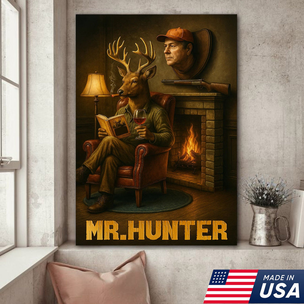 Funny Deer Hunter Wall Art, Rustic Cabin Decor for Hunters, Mr. Hunter Canvas Print