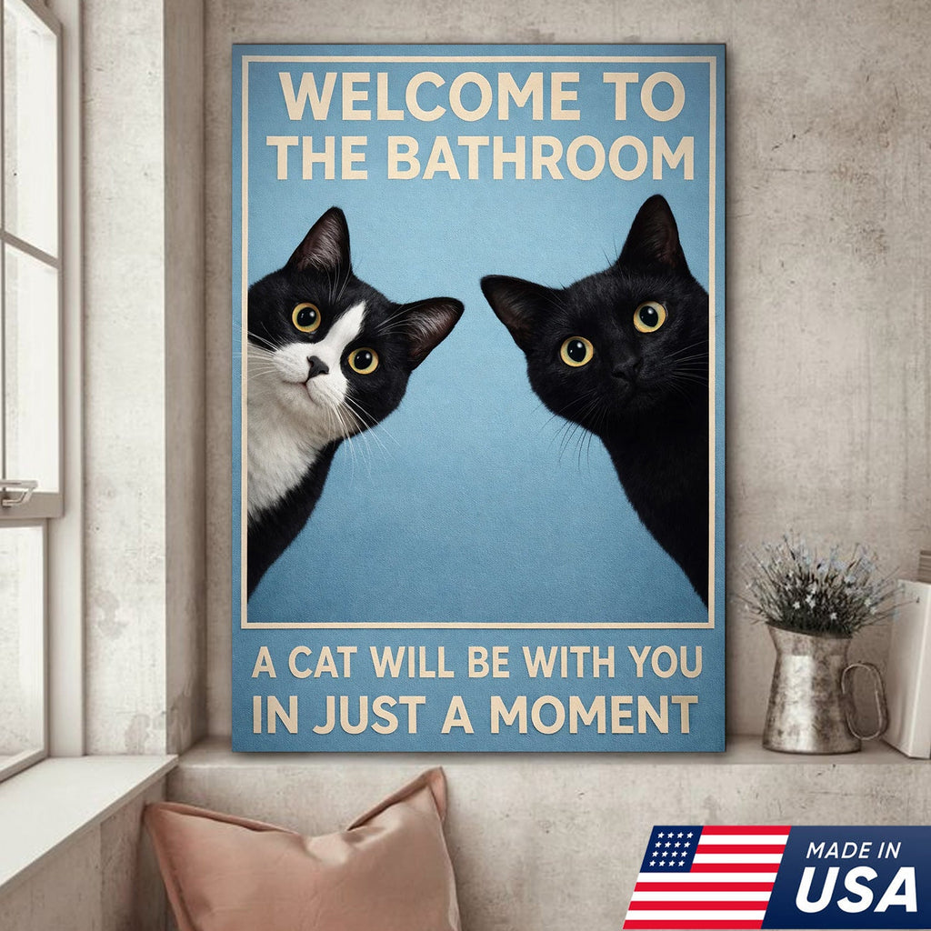 Funny Cat Bathroom Wall Art, Welcome to the Bathroom Cat Canvas