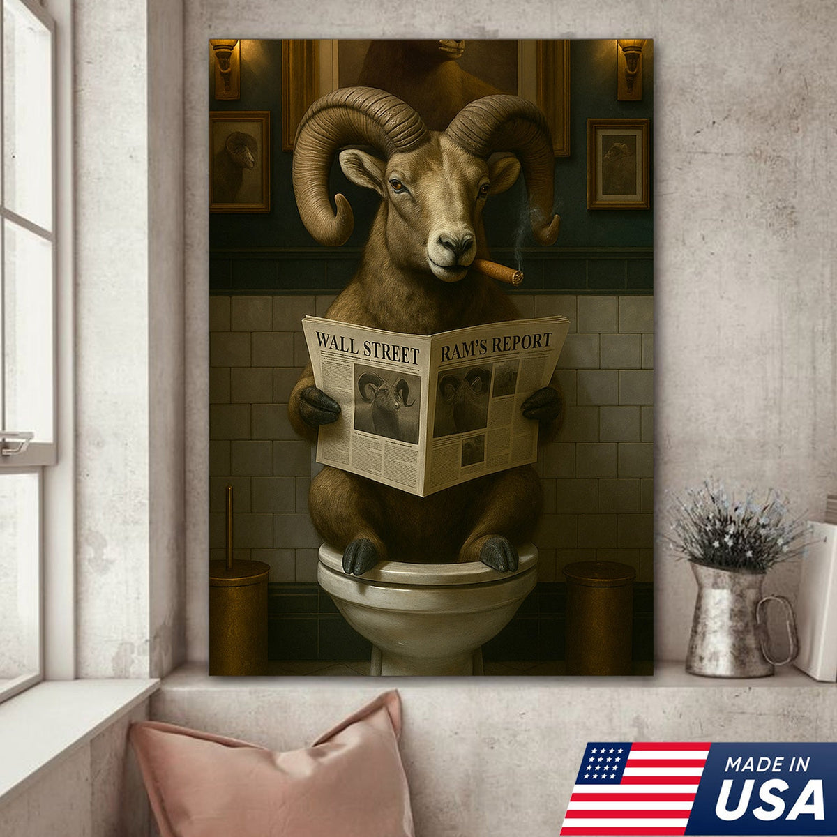 Funny Bighorn Sheep Bathroom Wall Art – Rustic Hunting Cabin & Man Cave Decor