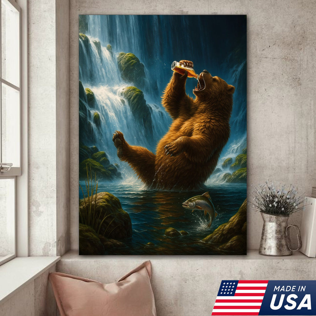 Funny Beer Bear Canvas Wall Art – Perfect Gift for Beer Lovers, Hunters & Outdoor Adventurers