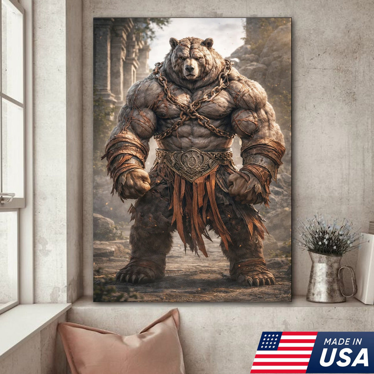 Epic Warrior Bear Canvas Wall Art – Fantasy Barbarian Animal Print